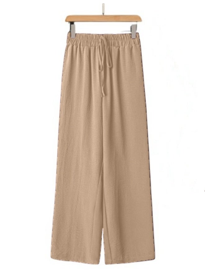 بنطلون نسائي واسع الساقين، بخصر مطاطي ورباط، مقاس حر، مناسب للارتداء اليومي. - Image 1